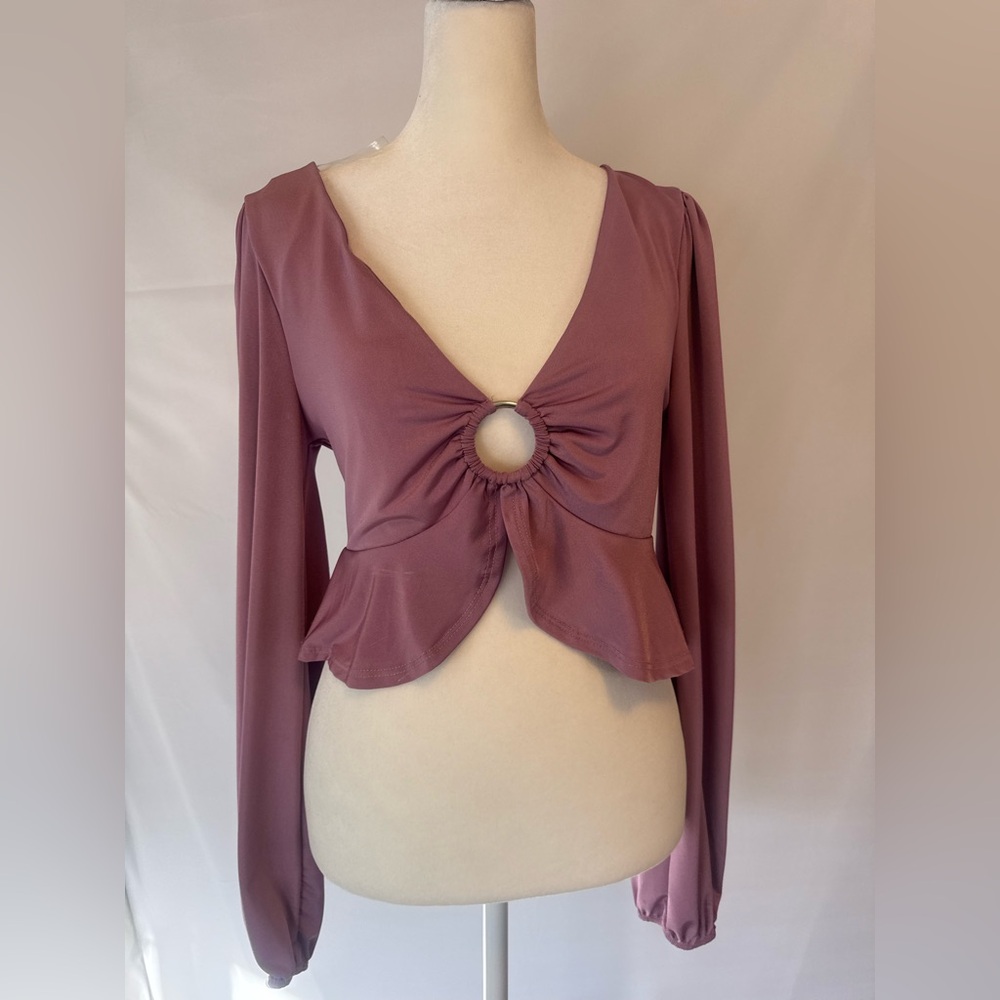 Blue Blush SMALL pink scoop neck gold ring crop dressy blouse, long sleeve